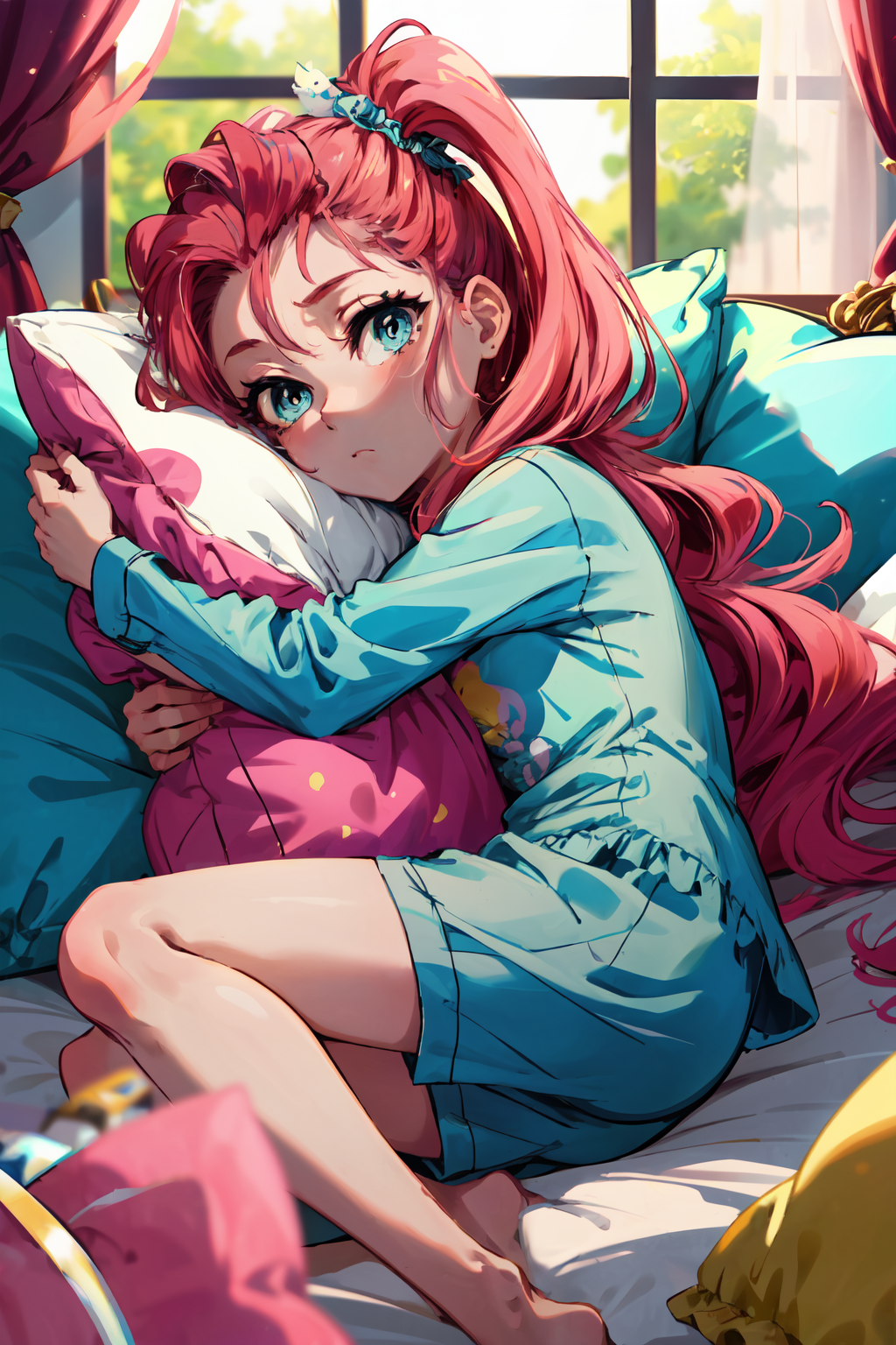 masterpiece,best quality,1girl,mlppinkiepie,pink hair,long hair,blue eyes,expressionless,pink pajamas,lying on side,pillow...